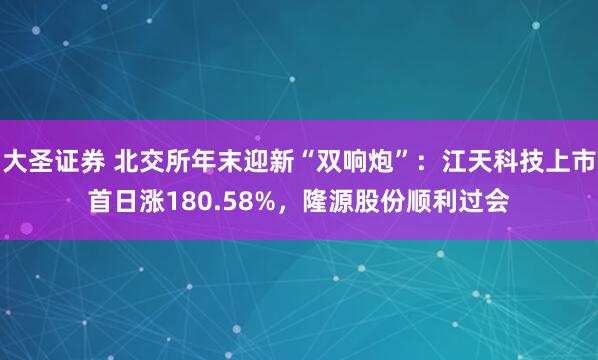 大圣证券 北交所年末迎新“双响炮”:江天科技上市首日涨180.58%,隆源股份顺利过会